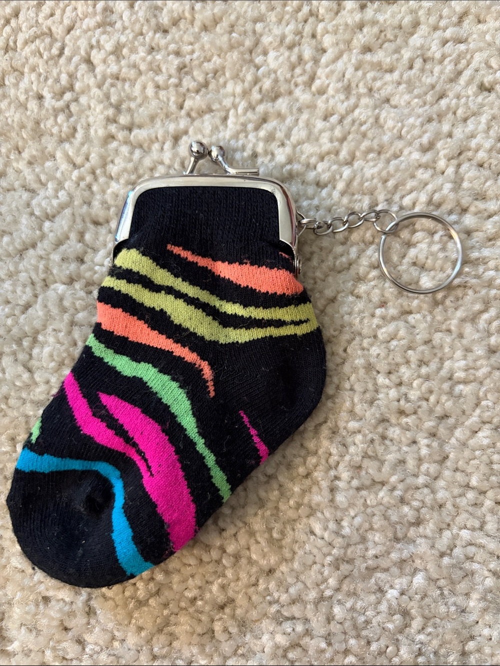 Colorful Zebra Stripe Keychain Sock Coin Purse - Black Multicolor
